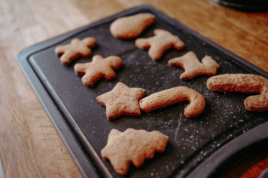 Gingerbread cut-out cookies on a baking tray